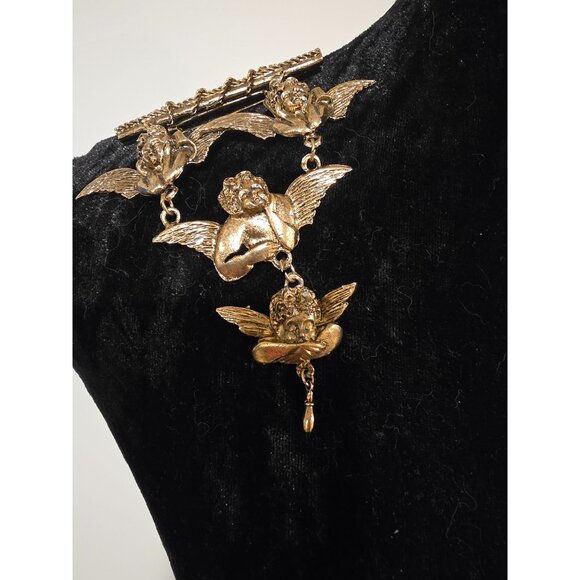 Vintage Ultra Craft Over the Shoulder Gold-Tone Angel & Rose Dangling Brooch Pin - Picture 2 of 5